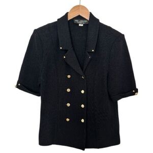 St. John Collection black Santana knit short-sleeve blazer with gold buttons.